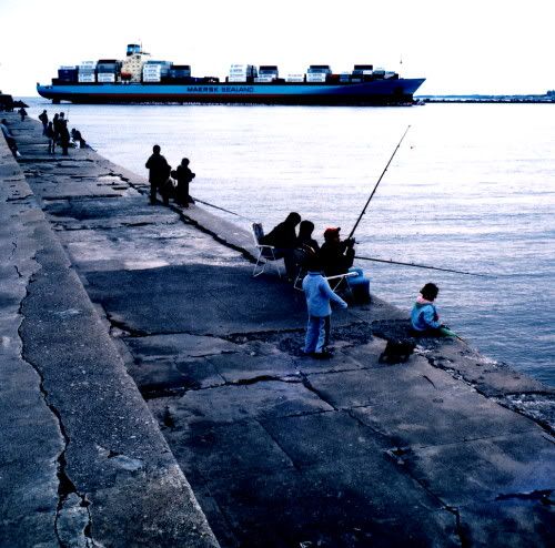 A large container ship enters port while families watch