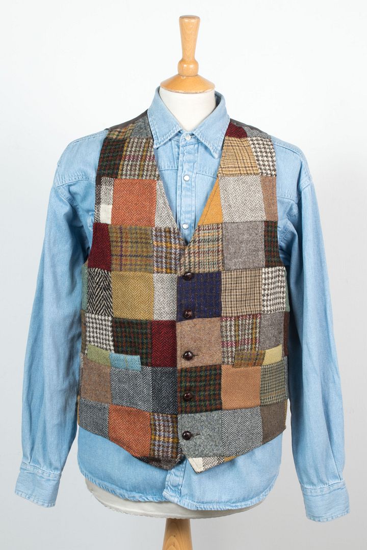 MENS RARE VINTAGE PATCHWORK TWEED WAISTCOAT VEST GILET COUNTRY GENT FOLK XL