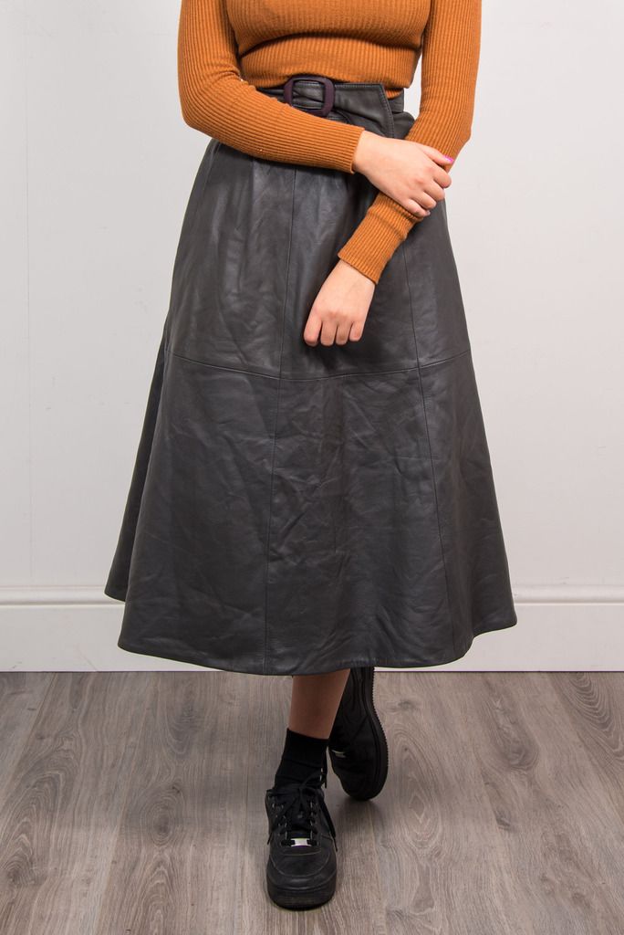 WOMENS VINTAGE 80'S GREY HIGH WAIST FLIPPY FULL LEATHER SKIRT MIDI LENGTH 6 eBay