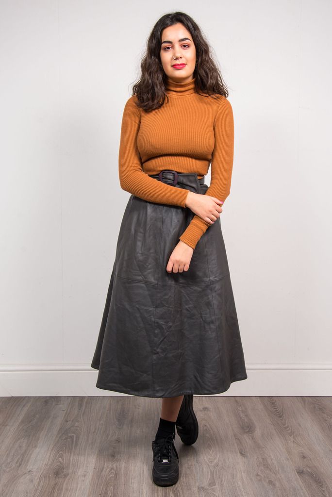 WOMENS VINTAGE 80'S GREY HIGH WAIST FLIPPY FULL LEATHER SKIRT MIDI LENGTH 6 eBay