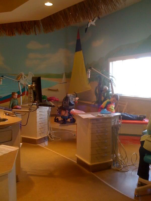 The cool beach room.  You can see LIam, Brenna and the stroller Rogan was sleeping in.