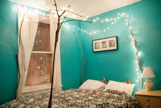 turquoise bed room with light canopy