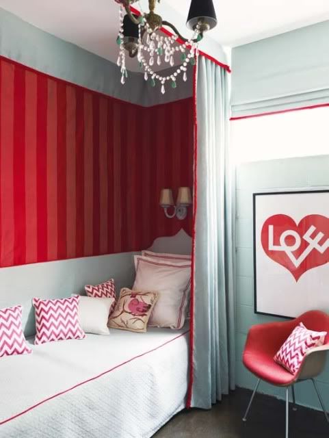 pale blue and red canopy bed