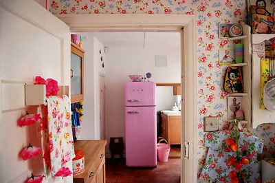 pink fridge dainty kitchen