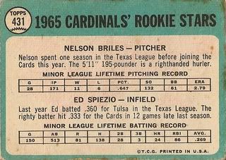 #431 Cardinals Rookie Stars: Nelson Briles and Wayne Spiezio (back)