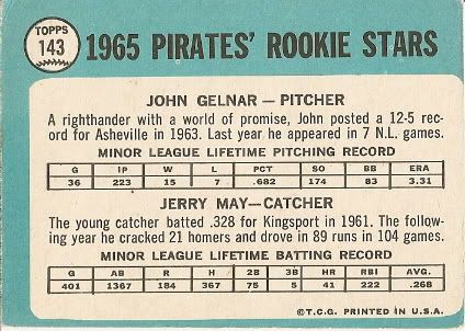 #143 Pirates Rookie Stars: John Gelnar and Jerry May (back)