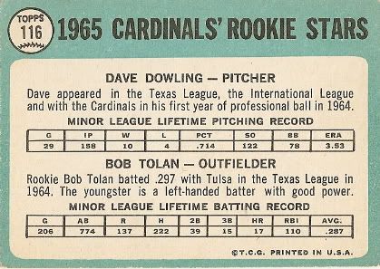 #116 Cardinals Rookie Stars: Dave Dowling and Bob Tolan (back)