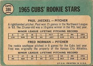 #386 Cubs Rookie Stars: Paul Jaeckel and Fred Norman (back)