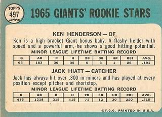 #497 Giants Rookie Stars: Ken Henderson and Jack Hiatt (back)