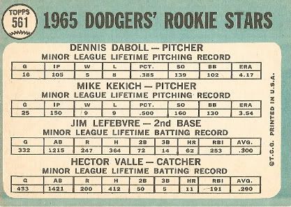 #561 Dodgers Rookie Stars: Dennis Daboll, Mike Kekich, Jim Lefebvre, and Hector Valle (back)