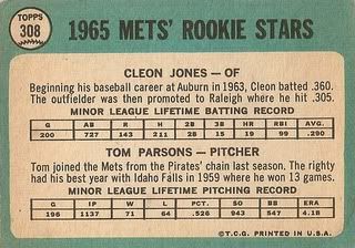 #308 Mets Rookie Stars: Cleon Jones and Tom Parsons (back)