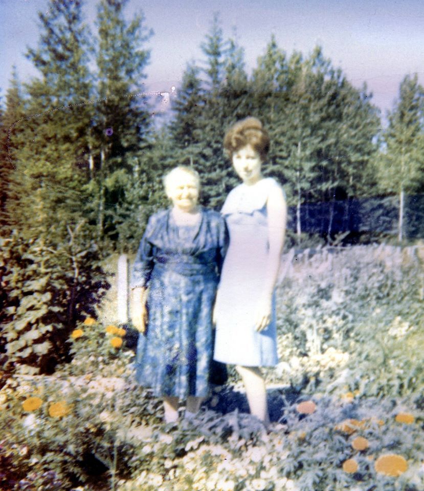 My great grandmother and my mother in my great grandmother's flower garden, in Athabaska county near Boyle, Alberta. photo fund raiser_zpsyfxv4epp.jpg
