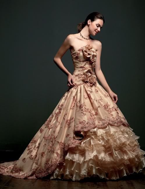 wedding gown covered in brown floral