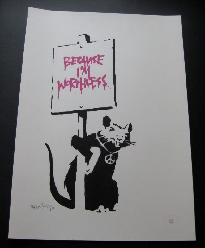 banksy rat stencil. Banksy Because I#39;m Worthless